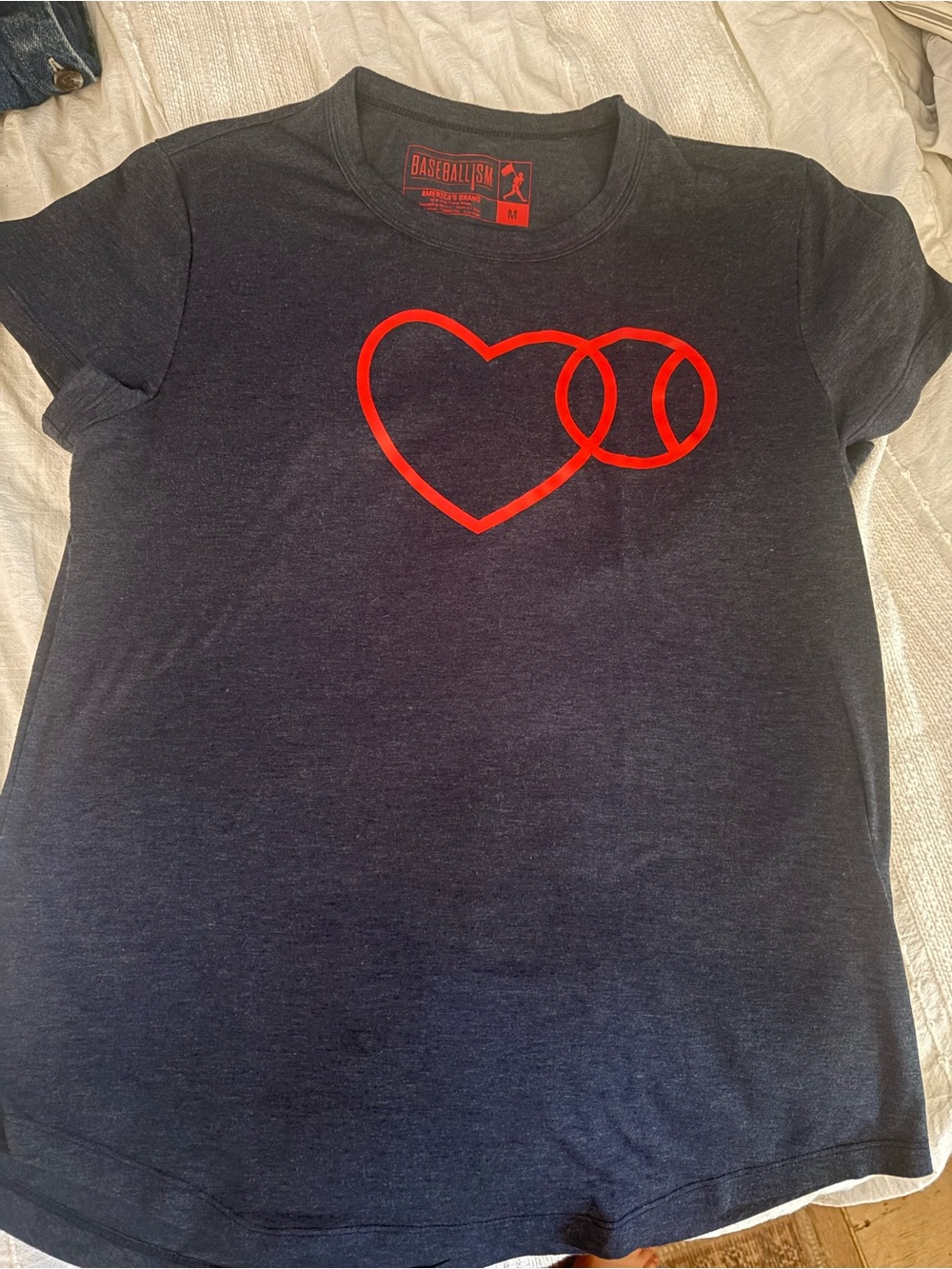 Baseballism Women's Navy Short Sleeve Tee with Red Heart & Baseball Graphic